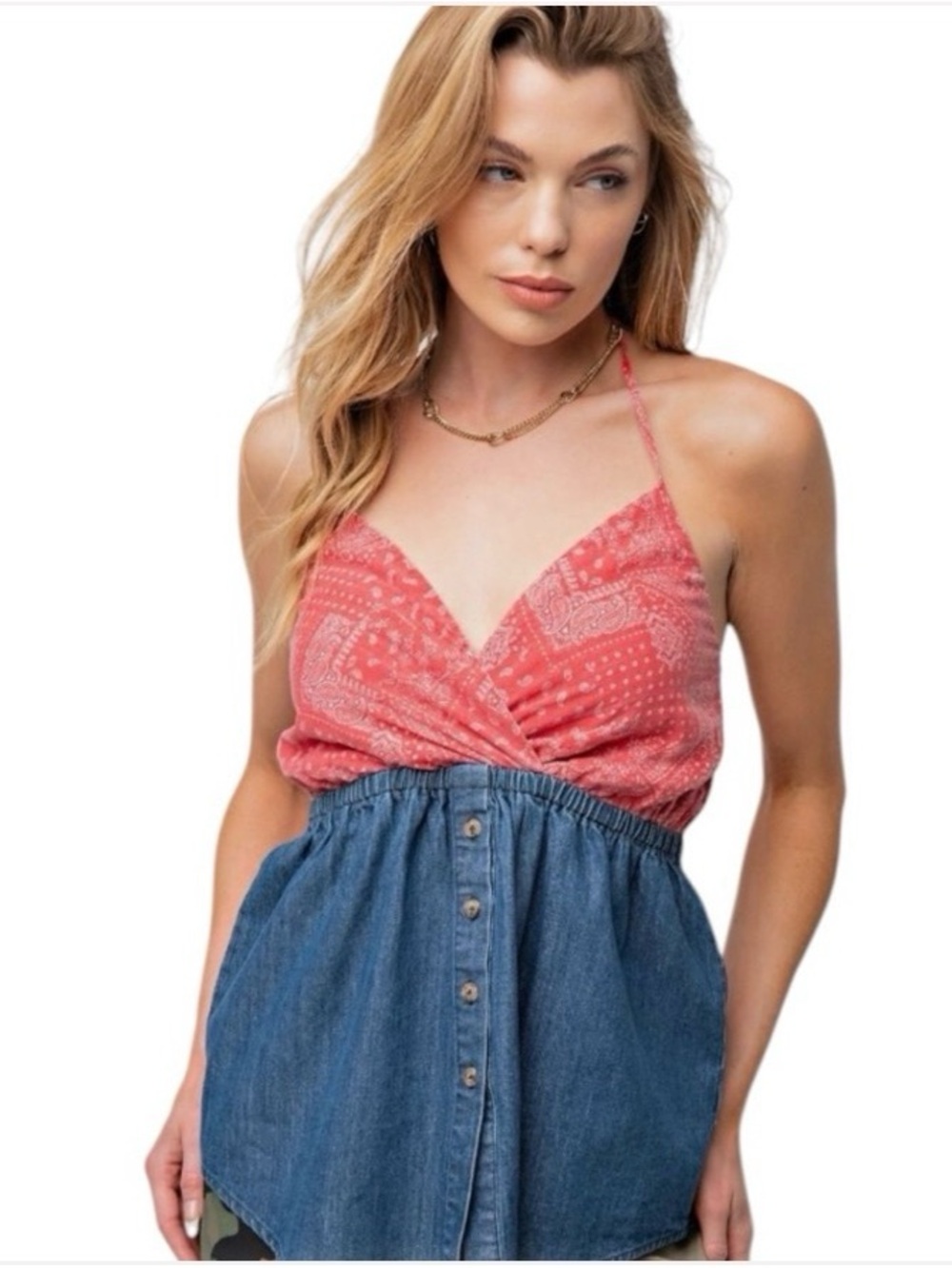 easel Coral Bandana-Print Halter Wrap Tank